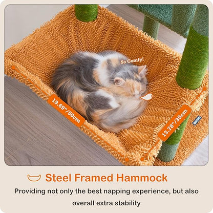 Ouritsu Cat Tree, 57 inch Cat Tower for Large Cat Indoor, 2 Top Perches with 1 Widened, 2 Condos with 1 Enlarged, Steel Frame Hammock, Scratching Posts and Scratching Pad, Green, LF003GB
