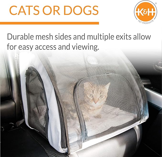 K&H Pet Products Travel Safety Carrier for Pets, Dog Crate for Car Travel, Soft-Sided Carrier for Cats and Small Dogs, Portable Car Seat Kennel, Gray/Black Small 17 X 16 X 15 Inches