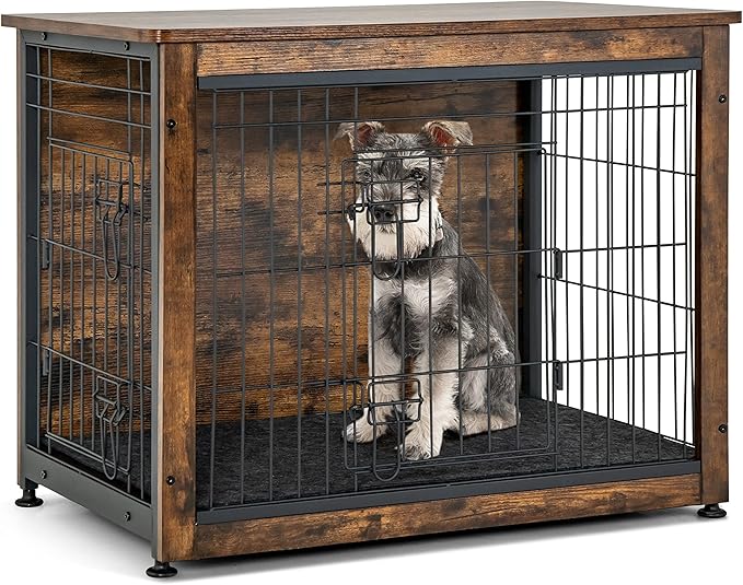Tangkula Dog Crate Furniture with Removable Tray/Felt Mat, Wood Dog Cage End Table for Small & Medium Dogs, Industrial Double Doors Chew-Proof Dog House Dog Kennel Indoor