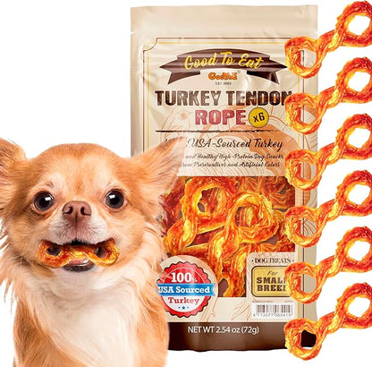 Gootoe Turkey Tendon Dog Treats  100% USA-Sourced, Natural Snack, Premium Training Chews, Hypoallergenic, Reseal Value Bags, Size for Small Dogs, Rope (Small) 6 Unit/Pack