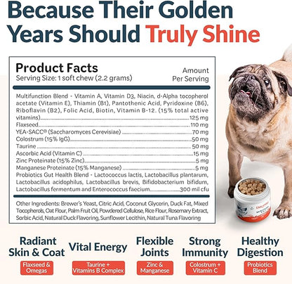 9-in-1 Senior Dog Multivitamin for Joints, Digestion & Immunity with Probiotics, Colostrum, Omegas, Taurine, Minerals –120 Tasty Duck Chews - Allergen Free - Made in USA