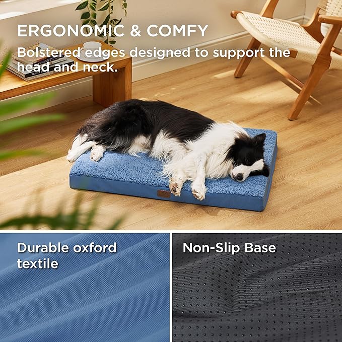 Bedsure Large Dog Bed for Large Dogs  Orthopedic Waterproof Dog Beds with Removable Washable Cover, Egg Foam Pet Bed Mat, Blue Wave