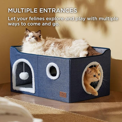 Bedsure Large Cat Beds for Indoor Cats - Extra Wide Cat Cube House for Small Pet with Fluffy Ball Hanging and Scratch Pad, Foldable Pet Cave Hideaway for Multiple Cats, 23.6x16.9x13 inches, Blue