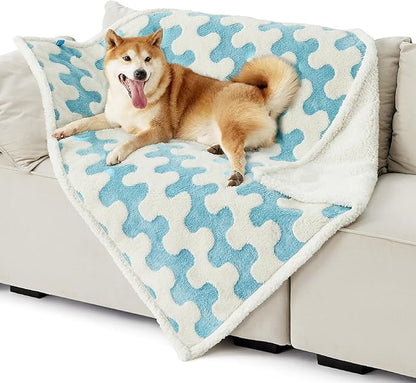 Lesure Waterproof Dog Blanket for Large Dogs - Washable Double Sided Dog Blankets with Warm Jacquard Shag and Soft Sherpa Fleece, Pet Cat Blanket for Couch Protection, 3D Textured Wave, Blue