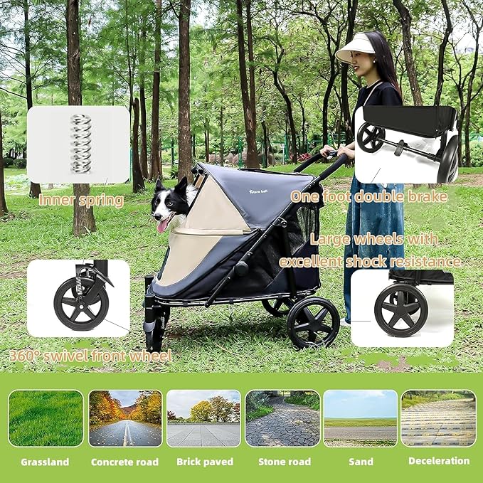 Dog Stroller for Medium/Large Dogs One-Click Folding Totoro ball 4 Wheel Pet Stroller Foldable Dog Stroller for 2 Dogs Jogger Stroller with Storage Pocket Suitable for Pets Up to 110LBS (Beige&Grey)