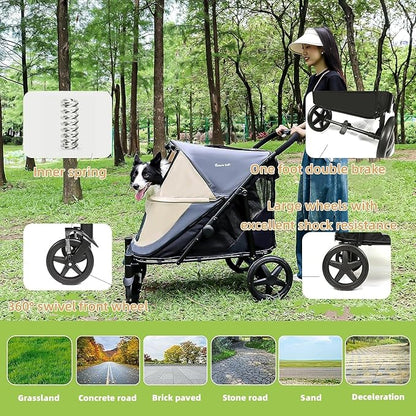 Dog Stroller for Medium/Large Dogs One-Click Folding Totoro ball 4 Wheel Pet Stroller Foldable Dog Stroller for 2 Dogs Jogger Stroller with Storage Pocket Suitable for Pets Up to 110LBS (Beige&Grey)