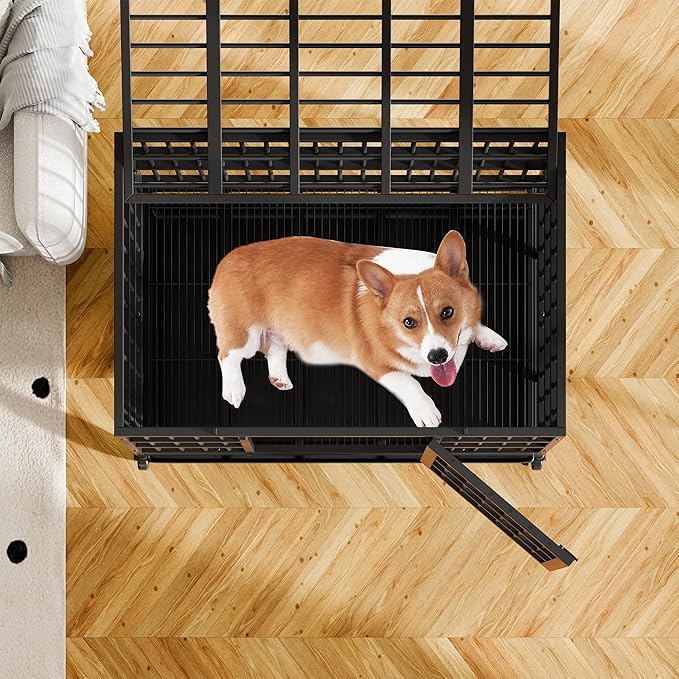 Shintenchi 38 inch Heavy Duty Crates for Large Dog, Indestructible and Escape-Proof Cage Kennel with Lockable Wheels, Double Door High Anxiety with Removable Tray, Black