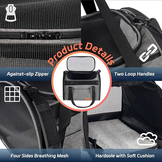 Cat Carrier for Large Cats 20 lbs, Soft Sided Breathable Mesh Cat Travel Carrier, Large Cat Carrier Airline Approved, Washable Pet Carrier for Cats Small Dogs Puppies, Foldable Cat Carrier, Gray