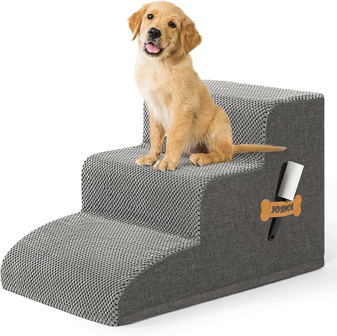 High Density Foam Dog Stairs Ramp for Beds Couches, Romrol 15.7" H Pet Steps with Durable Non-Slip Waterproof Fabric Cover, Dog Slope Stairs Friendly to Small Dogs and Cats or Pets Joints