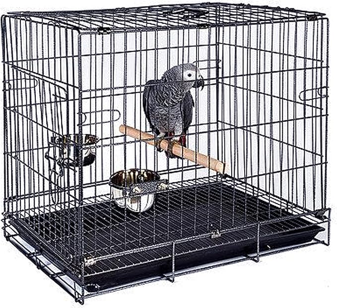 Durable Easy Portable Collapsible Metal Travel or Veterinary Collapsable Parrot Bird Carrier Beaks-Proof Easy Clean Carrier Cage with Stainless Steel Feeder Bowls Natural Wooden Perch