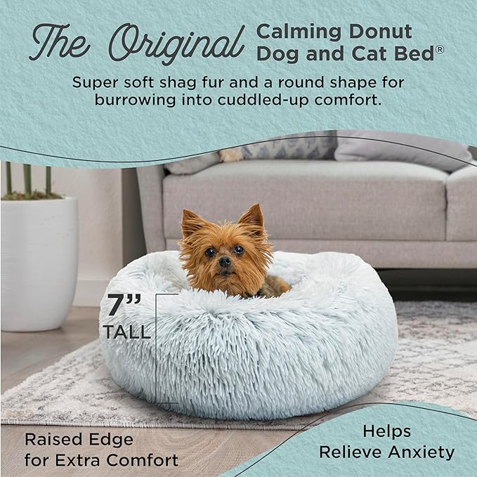 Best Friends by Sheri Original Calming Donut Dog and Cat Bed, Shag Faux Fur, Frost Gray, XS (18in x 18in) - Anxiety Relief for Pets Up to 10 lbs