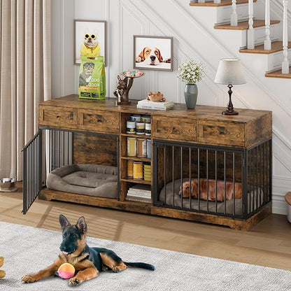 IDEALHOUSE 82 Large Dog Crate for 2 Dogs, Dog Kennel Indoor with 4 Drawers and Shelves, Double Dog Crate Furniture TV Stand, Wooden Dog Cage for Medium Large Dogs, Brown