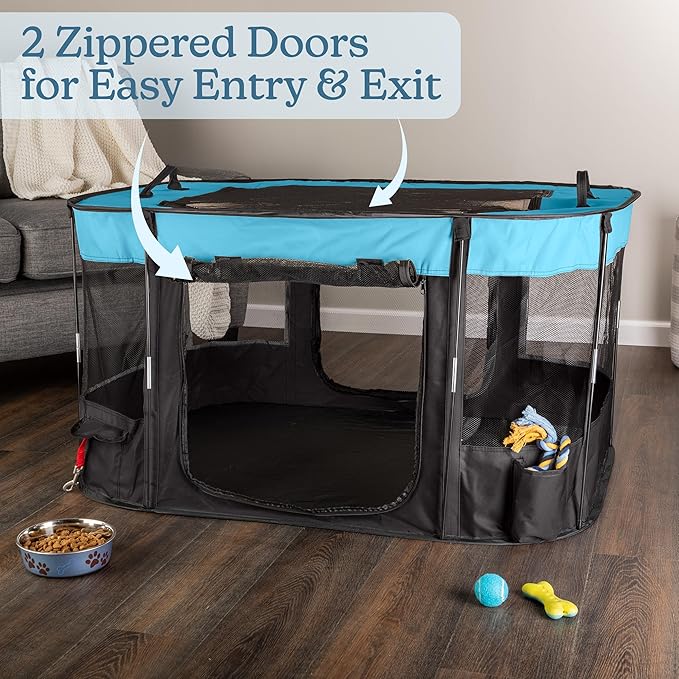 Dog Playpen - 43x34x23 Inch Puppy Kennel with Mesh Windows, Zippered Doors, and Storage Pockets - Portable Dog Play Pen Indoors/Outdoors for Small Animals by PETMAKER (Blue)