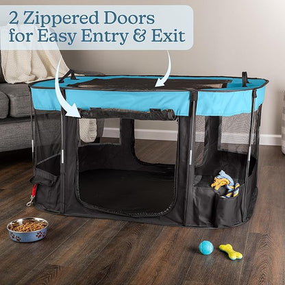 Dog Playpen - 43x34x23 Inch Puppy Kennel with Mesh Windows, Zippered Doors, and Storage Pockets - Portable Dog Play Pen Indoors/Outdoors for Small Animals by PETMAKER (Blue)