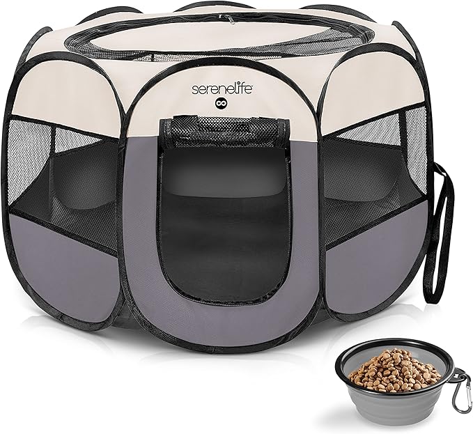 SereneLife On-The-Go Foldable Portable Pet Tent 8-Panel Playpen for Dog & Cat w/Food/Water Bowl, Mesh Exercise Puppy Playground, Pet House Indoor & Outdoor, Travel & Camping Pet Kennel (Grey, Medium)