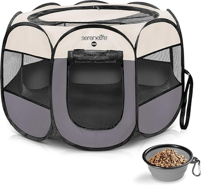 SereneLife On-The-Go Foldable Portable Pet Tent 8-Panel Playpen for Dog & Cat w/Food/Water Bowl, Mesh Exercise Puppy Playground, Pet House Indoor & Outdoor, Travel & Camping Pet Kennel (Grey, Medium)