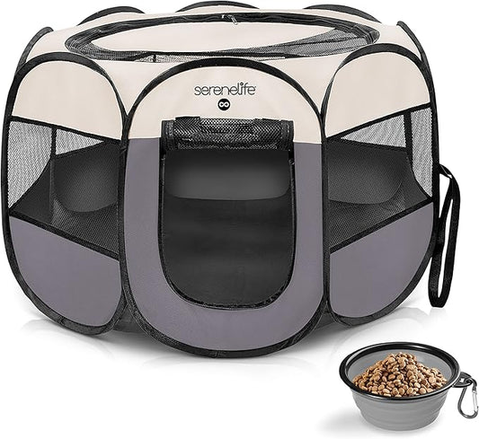 SereneLife On-The-Go Foldable Portable Pet Tent 8-Panel Playpen for Dog & Cat w/Food/Water Bowl, Mesh Exercise Puppy Playground, Pet House Indoor & Outdoor, Travel & Camping Pet Kennel (Grey, Medium)