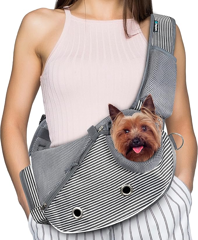 PetAmi Dog Sling Carrier for Small Dogs, Puppy Carrier Sling Purse, Dog Bags For Traveling, Carrying Bag to Wear Medium Cat, Adjustable Crossbody Pet Travel Poop Bag Dispenser, Max 5 lbs, Stripe Black