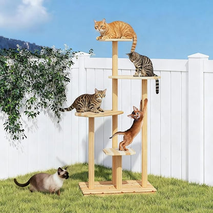 Outdoor Cat Tree - Durable 4-Tier Natural Wood for Multiple Cats, All-Weather for Patio, Garden, Balcony - Ideal for Scratching, Climbing, and Lounging