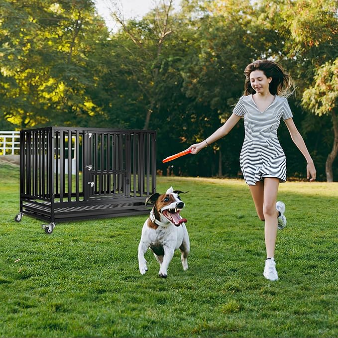 47" Heavy Duty Dog Crate,Indestructible Large Dog Cage,Escape Proof Dog Crate Dog Kennel,Two-Door Design with Wheels and Dog Crate Tray,Suitable for High Anxiety,Black