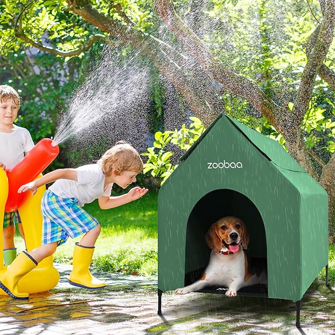 29" 2-in-1 Dog House for Medium Dogs, Elevted Dog House Outdoor/Indoor, Puppy Shelter Outside,Water Resistant 600D PVC and Durable 2x1 Textilene Raised Dog Bed(Green)