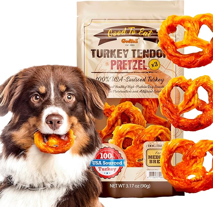 Gootoe Turkey Tendon Dog Treats  100% USA-Sourced, Natural Snack, Premium Training Chews, Hypoallergenic, Reseal Value Bags, Size for Medium Dogs, Pretzel (Medium) 3 Unit/Pack