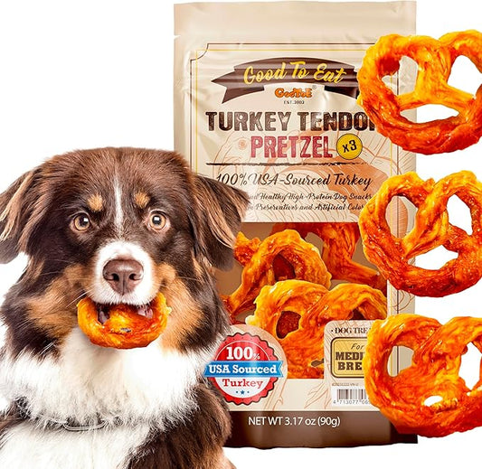 Gootoe Turkey Tendon Dog Treats  100% USA-Sourced, Natural Snack, Premium Training Chews, Hypoallergenic, Reseal Value Bags, Size for Medium Dogs, Pretzel (Medium) 3 Unit/Pack