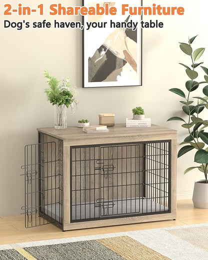 Piskyet Dog Crate Furniture with Cushion,Heavy-Duty Reinforced Metal Mesh,32" Wooden Dog Crate End Table with Double Doors,Indoor Dog Kennel,Dog Cage Side Table for Medium Breed,Grey