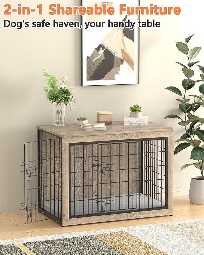 Piskyet Dog Crate Furniture with Cushion,Heavy-Duty Reinforced Metal Mesh,38" Wooden Dog Crate End Table with Double Doors,Indoor Dog Kennel,Dog Cage Side Table for Large Breed,Grey