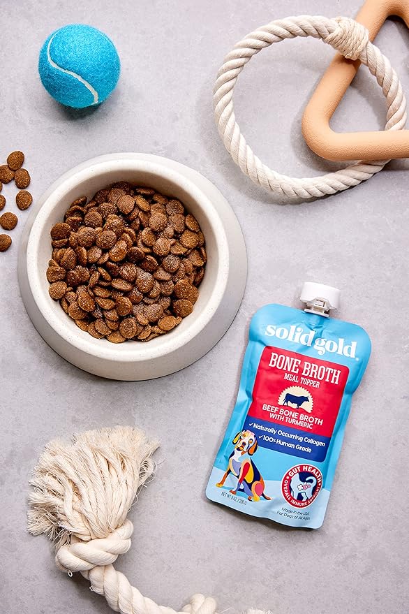 Solid Gold Beef Bone Broth for Dogs - Grain Free Dog Food Topper Rich in Collagen and Superfoods - Nutrient Dense Dog Gravy Topper for Dry Food - Promotes Gut Health and Hydration - 12 Pack