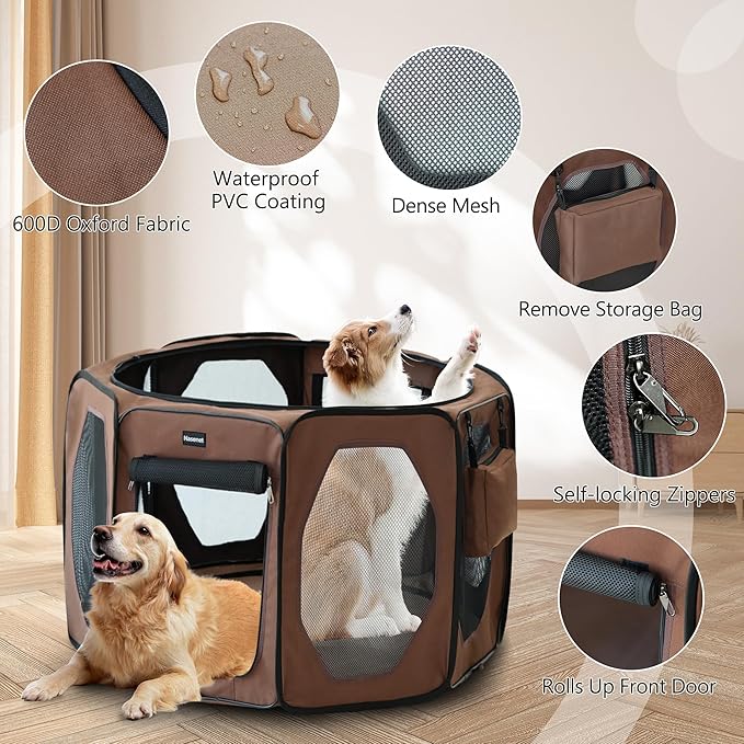 Dog Playpen, Cat Dog Crate Portable Pet Exercise Cage Kennel House Puppy Playpen Animal Playpen Indoor/Outdoor, Water-Resistant Kennel Tent with Traveling Bag (Brown, Medium)