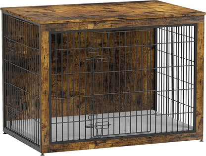Piskyet Dog Crate Furniture with Cushion,Heavy-Duty Reinforced Metal Mesh,44" Wooden Dog Crate End Table with Double Doors,Indoor Dog Kennel,Dog Cage Side Table for Large Breed,Rustic Brown