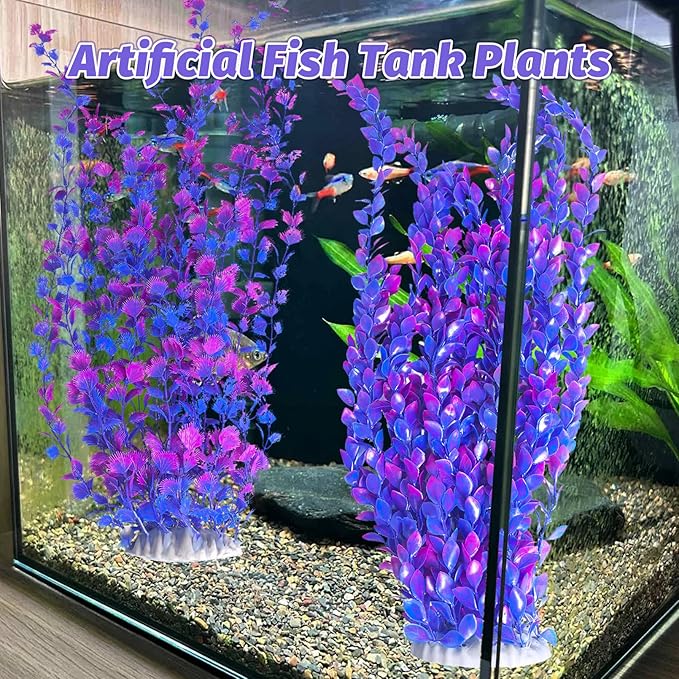 Hamiledyi Aquarium Plastic Plants Aquarium Decor Artificial Fish Tank Plants,Tall Fish Tank Decorations, Extra Large Aquarium Plant 23.6-inch Tall,2PCSï¼_urple Style Aï¼