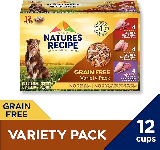Nature_ Recipe Grain Free Chicken & Beef Recipe, Chicken & Turkey Recipe and Chicken & Lamb Recipe in Savory Broth Variety Pack Wet Dog Food, 12-2.75 oz. Cups, 2 Count