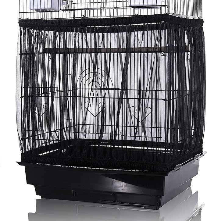 Tamu style Bird Cage Seed Catcher, Large, Stretchy Form Fitting Mesh Skirt Cover for Parrot Enclosures, Light and Breathable Fabric, Prevent Scatter and Mess, Reusable,Adjustable, Lightweight,Black