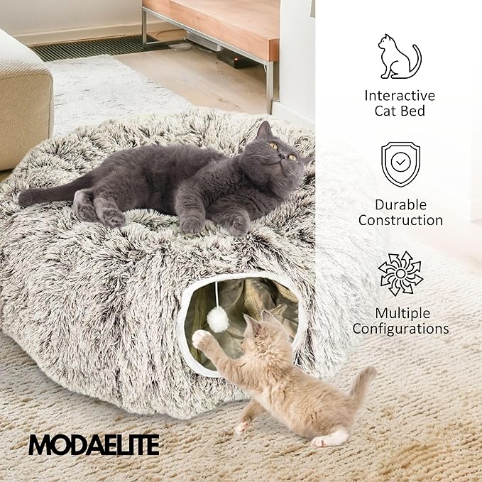 Cat Donut Bed with Washable Cushion  Cat Caves for Indoor Cats  Collapsible Donut Bed with Peekaboo Pet Tunnel Toy  Cozy Hideout for Kittens, Ferrets, Rabbits & Dogs - Brown