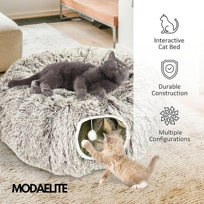 Cat Donut Bed with Washable Cushion  Cat Caves for Indoor Cats  Collapsible Donut Bed with Peekaboo Pet Tunnel Toy  Cozy Hideout for Kittens, Ferrets, Rabbits & Dogs - Brown