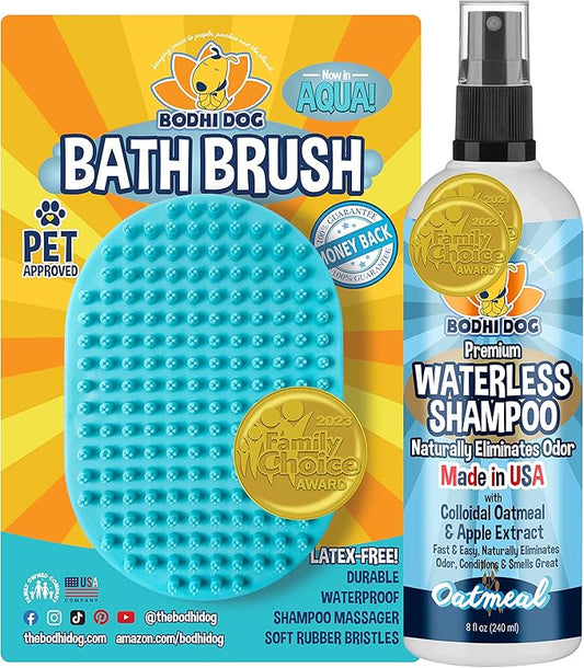 Bodhi Dog Hair Brush & Shampoo Bundle - Rubber Grooming Brush for Cats & Dogs - Gentle Scrubber for Long & Short Hair - Waterless Shampoo for Sensitive Skin & Bath Brush Set (Aqua)