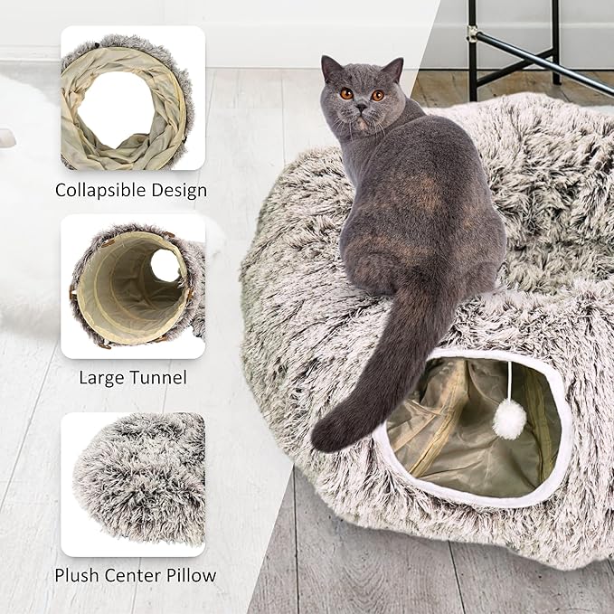 Cat Donut Bed with Washable Cushion  Cat Caves for Indoor Cats  Collapsible Donut Bed with Peekaboo Pet Tunnel Toy  Cozy Hideout for Kittens, Ferrets, Rabbits & Dogs - Brown