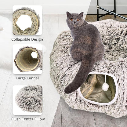 Cat Donut Bed with Washable Cushion  Cat Caves for Indoor Cats  Collapsible Donut Bed with Peekaboo Pet Tunnel Toy  Cozy Hideout for Kittens, Ferrets, Rabbits & Dogs - Brown