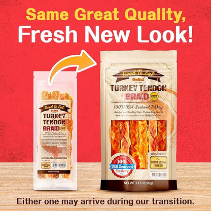 Gootoe Turkey Tendon Dog Treats  100% USA-Sourced, Natural Snack, Premium Training Chews, Hypoallergenic, Reseal Value Bags, Size for Medium & Small Dogs, Braid (Medium) 3.17 oz/Pack (90gm)