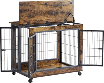 NicBex Dog Crate Furniture Dog Cage with 3 Doors and Lift Top, Dog Kennels for Inside Space, Wooden Dog Crate on Wheels with Durable Frame for Multiple Dogs, Rustic Brown