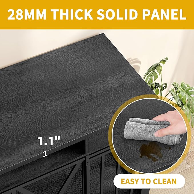 DWVO 63 Inch Double Dog Crate Furniture for 2 Dogs, Heavy Duty Wooden Dog Crate TV Stand with Charging Station, Dog Kennel Indoor Furniture Double Sliding Barn Door Design Ideal for 2 Dogs, Oak