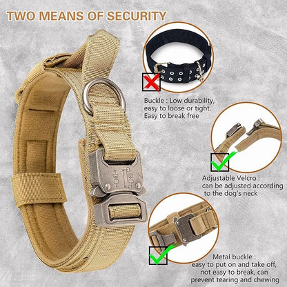 KCUCOP Tactical Dog Collar with Handle,Adjustable Military Dog Collar with Metal Buckle and Patches,Heavy Duty Dog Collars for Medium and Large Dogs (Brown-L)