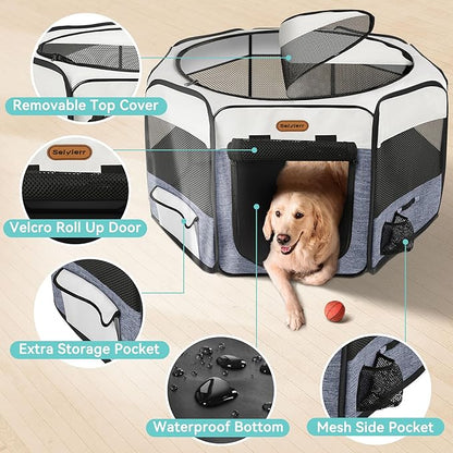 Dog Playpen, Portable Pet Play Pen Foldable Carrying Case, Puppy Pens Outsid for Small Cat Indoor/Outdoor, Removable Mesh Shade Cover
