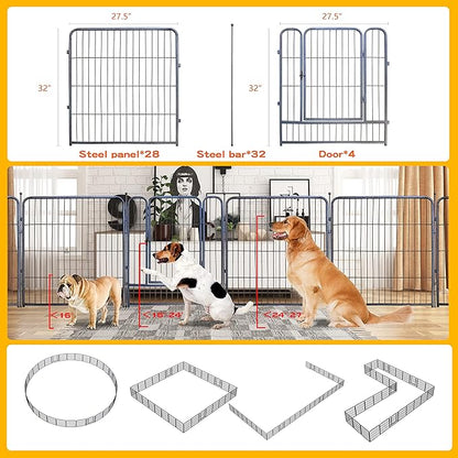 Dog Playpen,32/40/45 Inch Height in Heavy Duty, Folding Indoor Outdoor Anti-Rust Dog Exercise Fence, Portable Pet Playpen with Door for Large Medium Small Dogs and Pet (32 Panels, 32 Inch) Silver