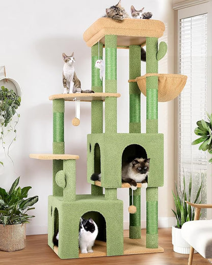 Globlazer Cactus Cat Tower for Indoor Cats, Heavy Duty Cat Trees for Large Cats Adult Big Cats Maine Coon Cat Tree Tower with Scratching Post, Extra Large Top Perch, Cat Condos, F61, Green, 61inch