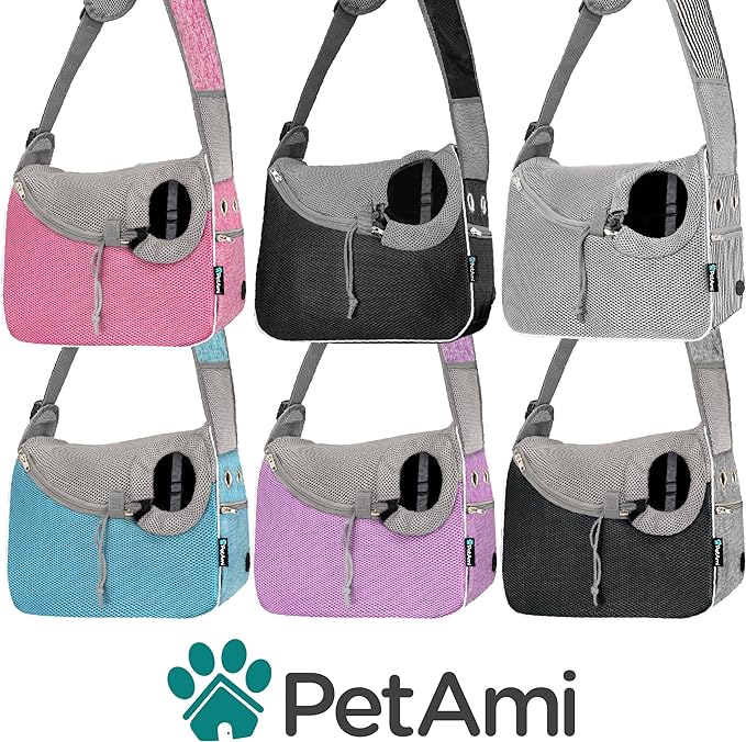 PetAmi Small Dog Sling Carrier, Soft-Sided Crossbody Puppy Carrying Purse Bag, Adjustable Sling Pet Pouch to Wear Medium Cat Travel, Dog Bag for Traveling Breathable, Poop Bag Dispenser, Stripe Black