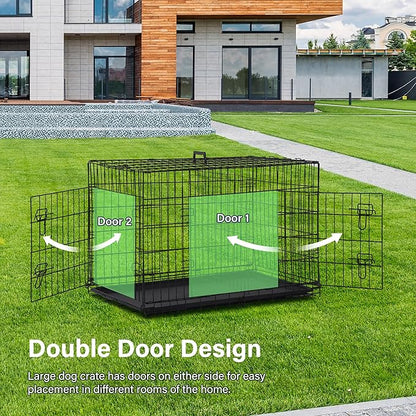 24/7 Shop at Home Gossamer Metal Double Door Folding Wire Pet Crate with Divider, Removable Tray, and Handle for Outdoor and Indoor Medium Dog, 42-inch, Black