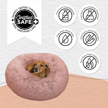 Best Friends by Sheri Original Calming Donut Dog and Cat Bed, Shag Faux Fur, Dusty Rose, (23in x 23in) - Anxiety Relief for Pets Up to 25 lbs